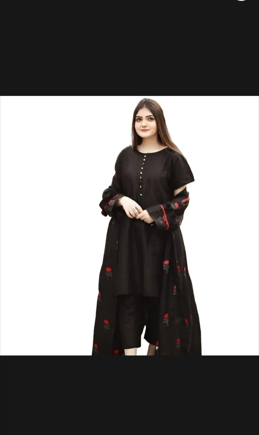 Stylish Stitched Embroidered Flower Gown 3-Piece Dress