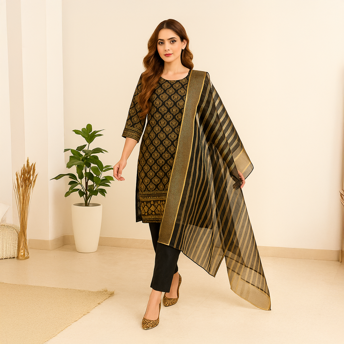 Unstitched 3 Piece Suite-cotton Silk Printed Shirt & Plain Trouser-Organza Dupatta