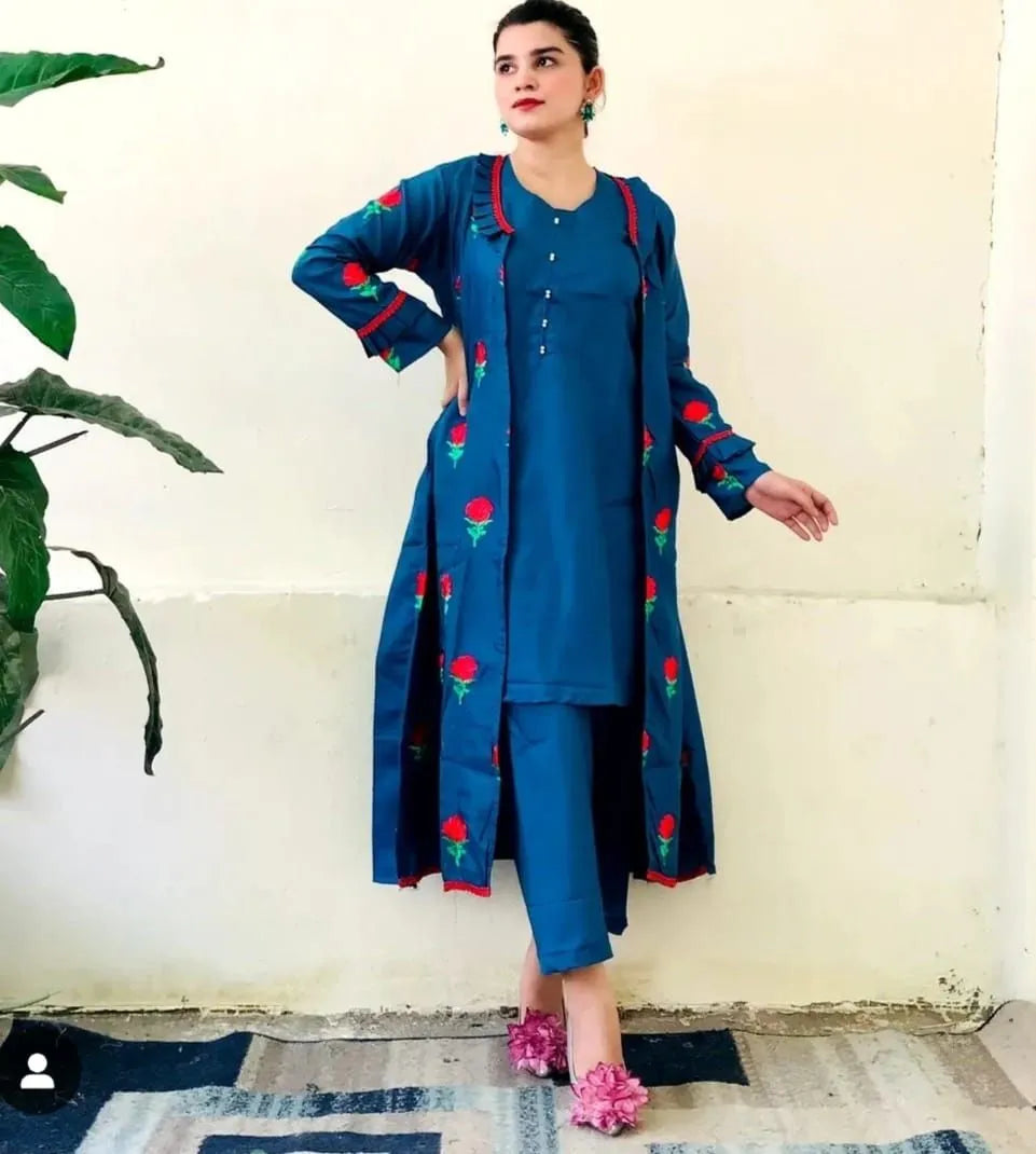 Stylish Stitched Embroidered Flower Gown 3-Piece Dress