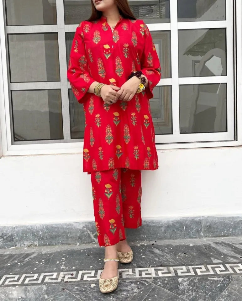 Stylish Collection Stitched Flower Printed 2Pc Dress for Women