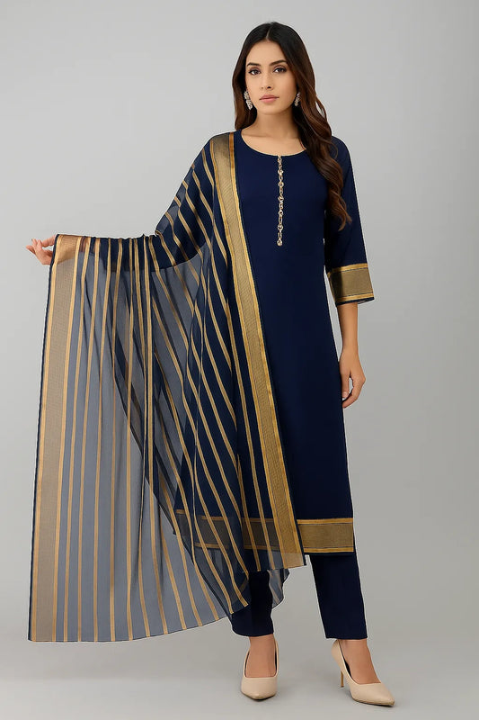 Shah Kamal Fabrics 3 Pieces Unstitched Katan Silk Plain Shirt & Trouser With Organza Lining Dupatta